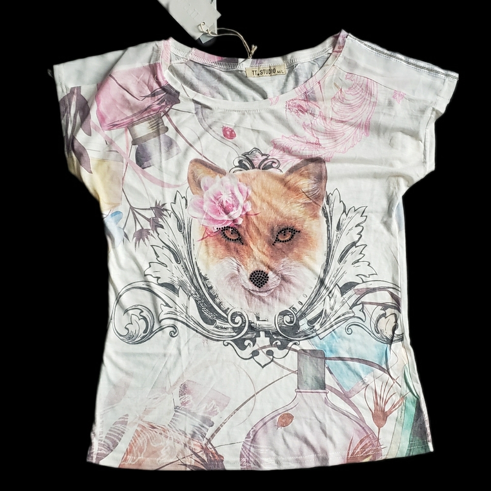Fox Graphic T-Shirt Bejeweled - Festival/ Cottage GUC Medium #FoxyGlitzyWow